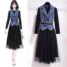 【现货】秋装新款两件套连衣裙牛仔马甲?纱裙，女装连衣裙，萱萱家