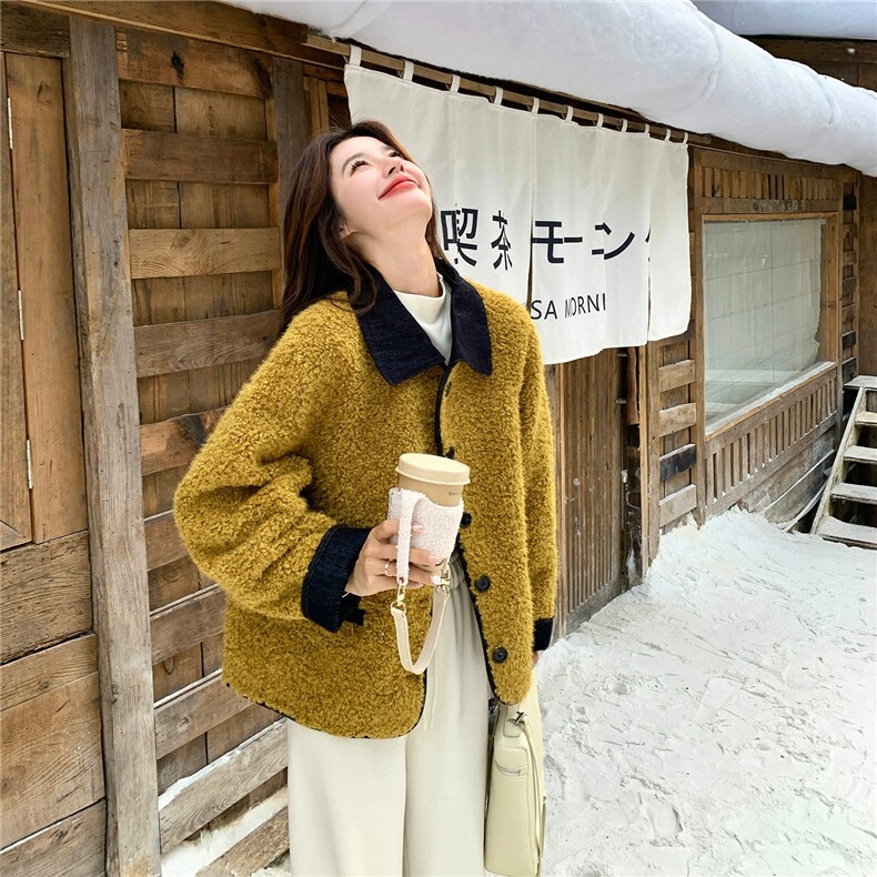 黄绿色拼接翻领皮毛一体厚上衣女冬独特超好看羊羔毛外套,女装毛呢外套,2C029