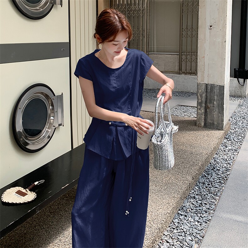 2025夏季韩系穿搭松弛感慵懒风小收腰上衣阔腿裤两件套,女装套装/套裙,欧黛芙妮