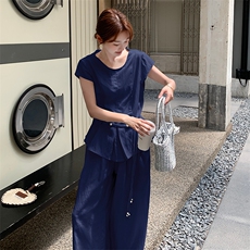 2025夏季韩系穿搭松弛感慵懒风小收腰上衣阔腿裤两件套，女装套装/套裙，欧黛芙妮