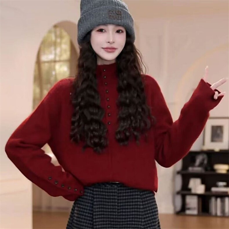 2025年秋季时尚百搭通勤简约休闲袖口领子扣子高领，女装针织衫/毛衣，萱芳婷羊绒