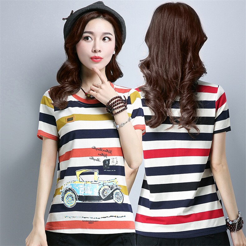 2021年夏季短袖修身镶钻圆领通勤卡通动漫粗横条纹拼色T恤百搭，女装T恤，丽影随形