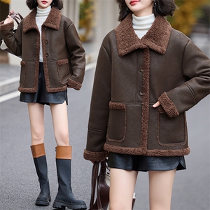皮毛一体仿羊羔毛外套女短款2024新款秋冬季加绒机车服加厚皮夹克图片