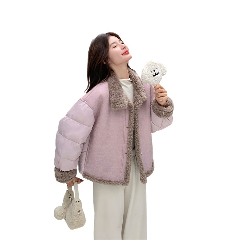 粉紫色皮毛一体羊羔毛外套女2025新款短款加厚小个子超好看,女装羽绒服,2D034