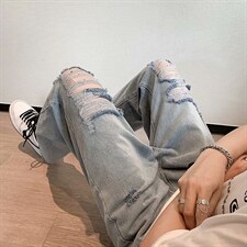 夏季破洞牛仔裤男士潮牌直筒阔腿宽松潮流老爹休闲裤子NK367-P40