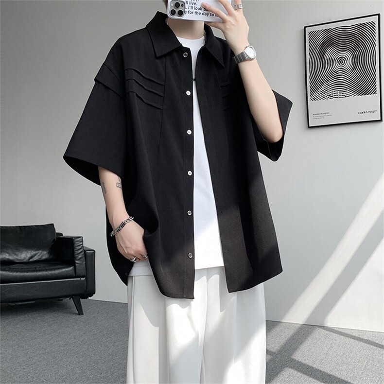 CS6019-P40控68夏季褶皱拼接短袖男宽松潮流冰丝衬衫,男装衬衫,电商A058-1（原电商C417）
