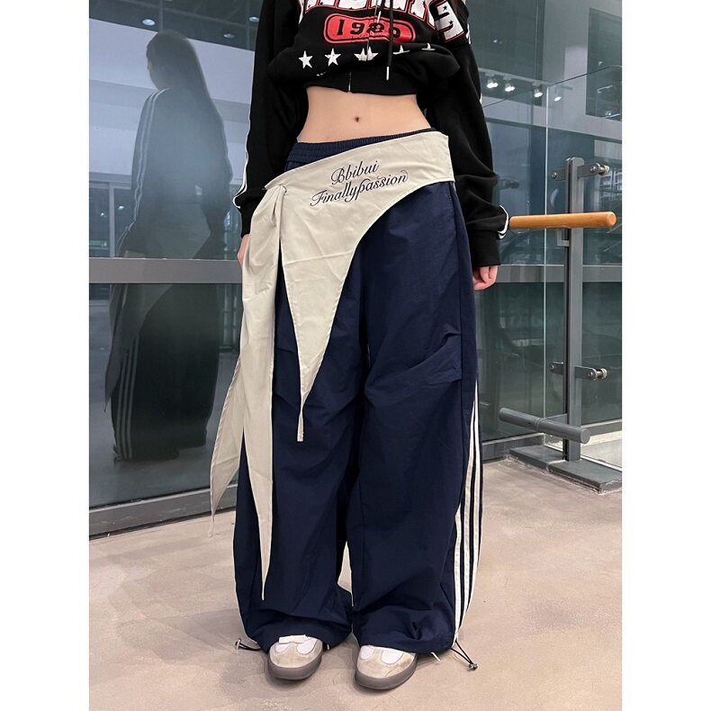 美式复古屁帘叠穿褶皱弯刀伞兵裤男女条纹设计感运动裤KFY138,女装休闲裤,星座1116A（原606A-3）