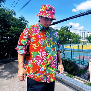 PC203长袖拼接东北大花风民族牡丹大花撞色AB版衬衫团队表演图片