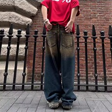 高街美式复古水洗做旧黄泥牛仔裤vintage宽松直筒阔腿休闲长裤，男装牛仔裤，星座1210-1