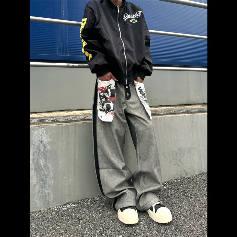 NK1007-P58美式复古做旧大口袋印花牛仔裤男女秋季新款小众,男装牛仔裤,电商B323A