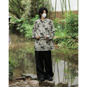 风小众设计蝴蝶短袖男女薄款宽松垂感复古水墨印花衬衣开衫外套图片