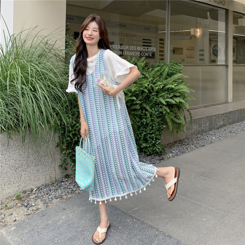 法式气质流苏背心连衣裙女2025夏季新款设计感小众收腰显瘦长裙子,女装套装/套裙,2C299