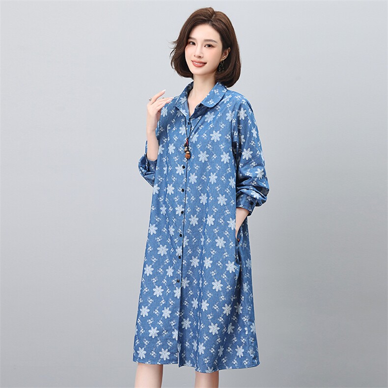 印花连衣裙2024新款春季女装宽松大码显瘦衬衫裙春秋气质裙子,女装连衣裙,涵誉