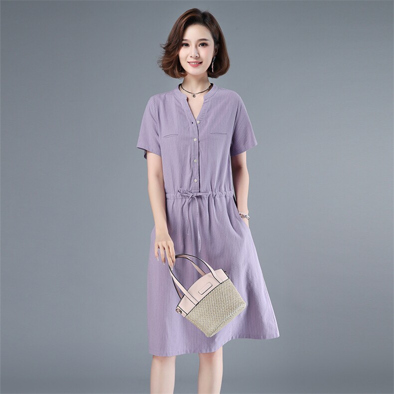 2021年夏季韩版通勤中长款a字裙半开领系带40-49周岁高腰裙子,女装连衣裙,伊满意