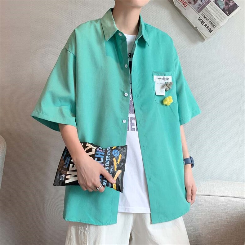 设计感新款衬衫男短袖ins带配饰衬衫2021宽松休闲外套W887-P28,男装衬衫,星座512-2