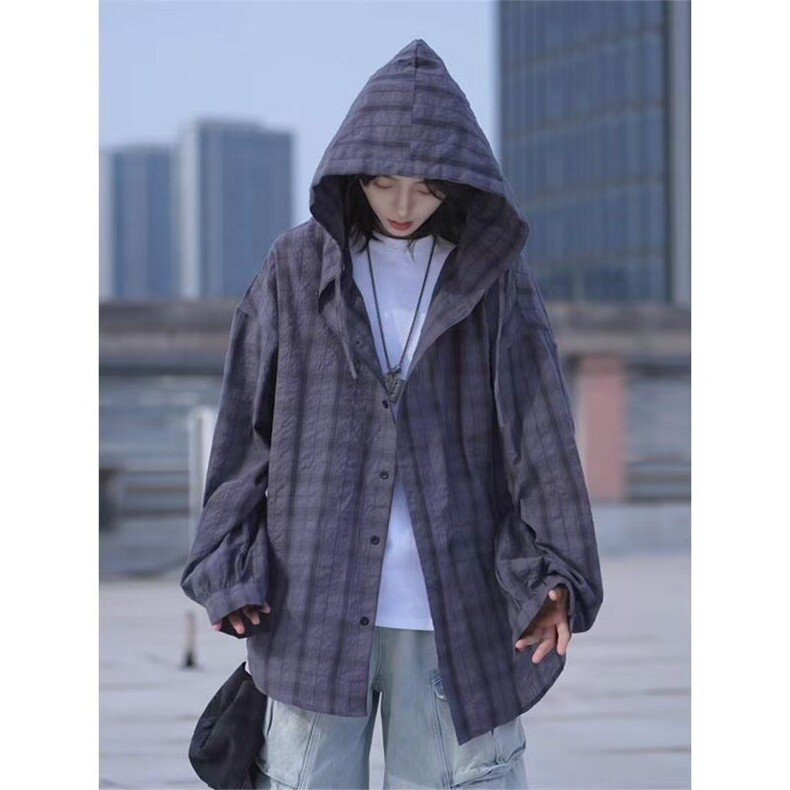 夏季美式复古休闲格子长袖衬衫男女同款潮牌宽松衬衣防晒外套，男装防晒衣，星座1210-1