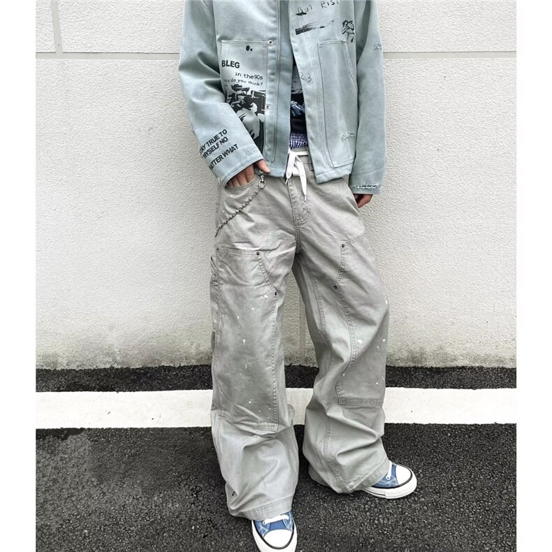 2025秋冬泼墨弯刀牛仔裤水洗灰色潮牌设计男女宽松长裤K6740-P69,男装牛仔裤,星座412-3