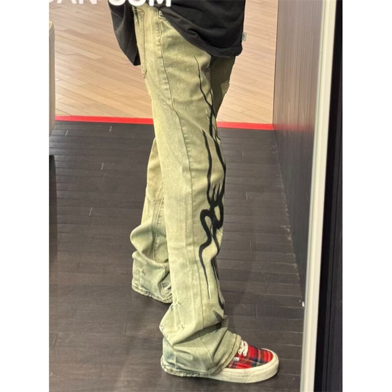 【有货】美式高街黄泥色牛仔裤男女直筒火焰残影裤子NZ05HH-特P58,男装牛仔裤,星座1007（原301D）