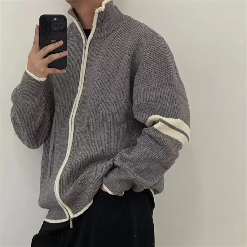 秋冬新款立领拼色条纹针织拉链衫外套潮流时尚简约毛衣外套男图片