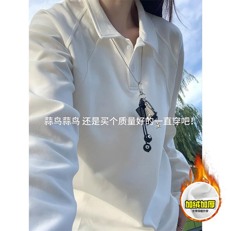 抖音得物高品质美式高街重磅曼巴棉结构螺纹拼接翻领卫衣长袖T恤图片
