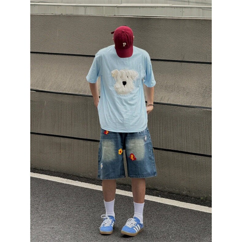 NDK88LL-P43 美式毛巾绣花卉牛仔短裤男款高街五分裤图片