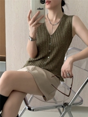 纯色v领无袖开衫时尚百搭，女装针织衫/毛衣，缘满羊绒