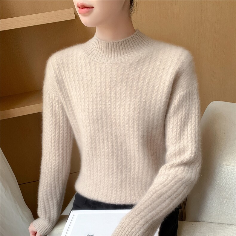 2025年秋季新款百搭女士7针重工加厚扭花半高,女装羊绒衫,百越羊绒
