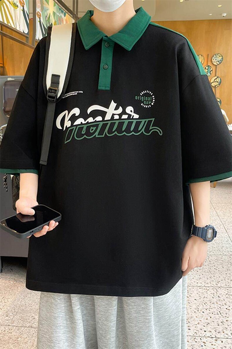 84060-P40polo衫夏季有领短袖t恤男宽松上衣青少年字母印花半袖,男装T恤,电商D310B