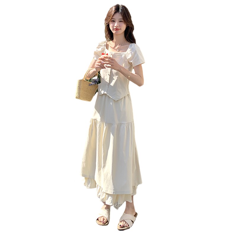 独特漂亮套装女2025夏季新款法式温柔风气质方领上衣半身裙两件套,女装套装/套裙,2C135