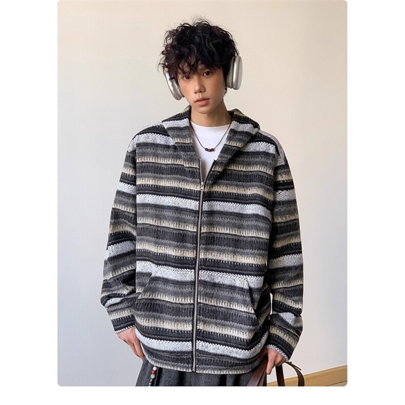 美式复古毛呢条纹开衫连帽卫秋冬季衣外套男士慵懒风情侣休闲帽衫,女装短外套,星座1210-1