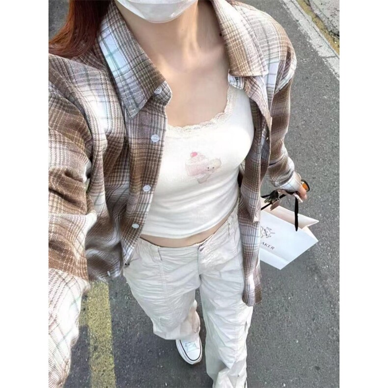 棕色格纹衬衫女2025新款宽松休闲百搭中长款情侣衬衣外搭ins潮流,男装衬衫,星座506A