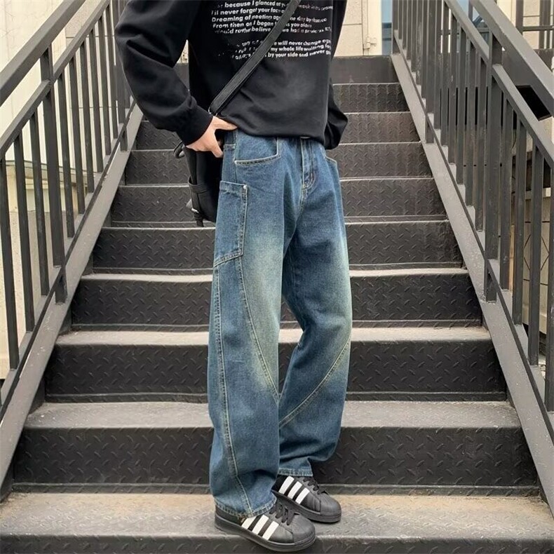美式街头复古小众简约牛仔裤男水洗宽松拖地休闲直筒长裤R02/P54,男装牛仔裤,星座506