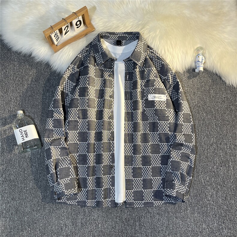 B413-1-DX897秋冬新款格子衬衣外套港风休闲宽松衬衫潮流牛仔衣服图片