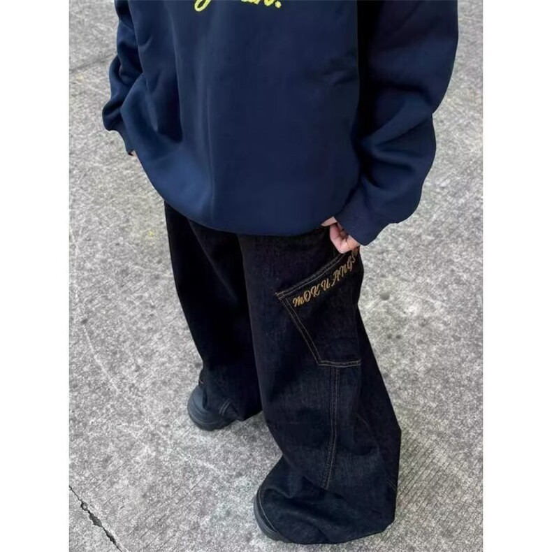 美式复古拼接牛仔裤男女高街潮牌宽松阔腿弯刀休闲裤LV1711-P55,男装牛仔裤,星座1008