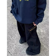 美式复古拼接牛仔裤男女高街潮牌宽松阔腿弯刀休闲裤LV1711-P55，男装牛仔裤，星座1008