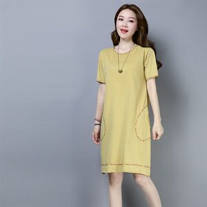 2024年夏季圆领纯色高腰时尚舒适短袖简约百搭个性中长款,女装连衣裙,秋牧寒烟