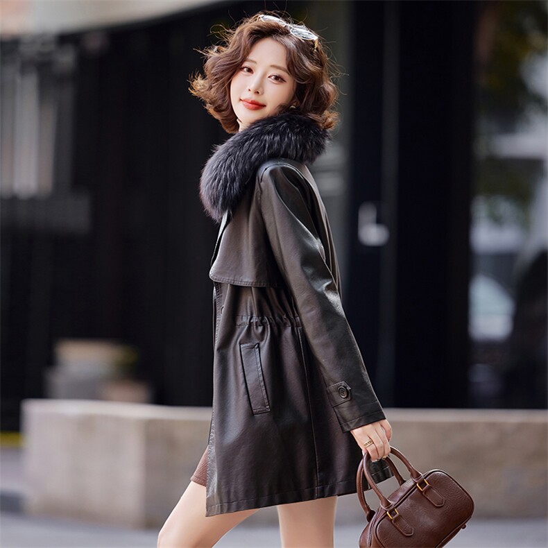 真毛领加绒加厚皮大衣女冬装新款收腰显瘦洋气中长款免洗妈妈外套,女装皮衣,简古