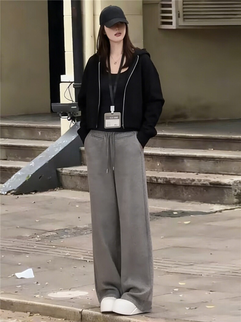 高级感休闲运动套装女秋季款短款卫衣内搭黑色背心阔腿长裤三件套,女装套装/套裙,江南
