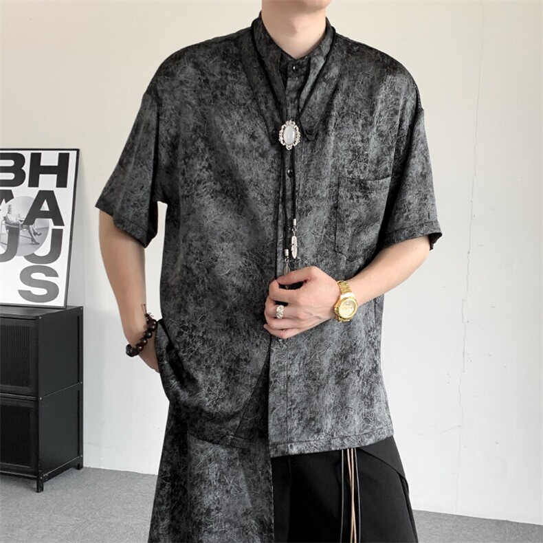 夏装2025日系复古新中式原创设计小众短袖衬衣大码上衣,男装T恤,星座909