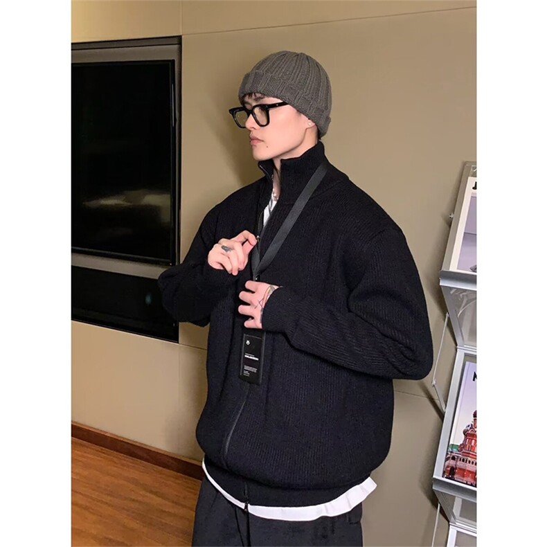 抖音得物保暖立领拉链针织外套秋冬宽松慵懒风纯色毛衣上衣AM02,男装针织衫/毛衣,电商A443