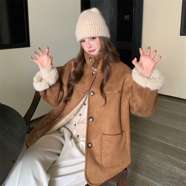 两面穿麂皮绒羊羔毛外套女冬小个子新款韩系加绒加厚皮毛一体大衣,女装毛呢外套,2B188