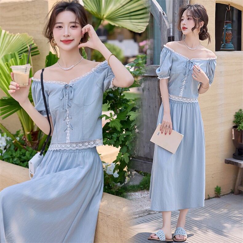 2025年夏季新款蕾丝花边拼接套裙度假风甜美裙子两件套，女装套装/套裙，慕依路