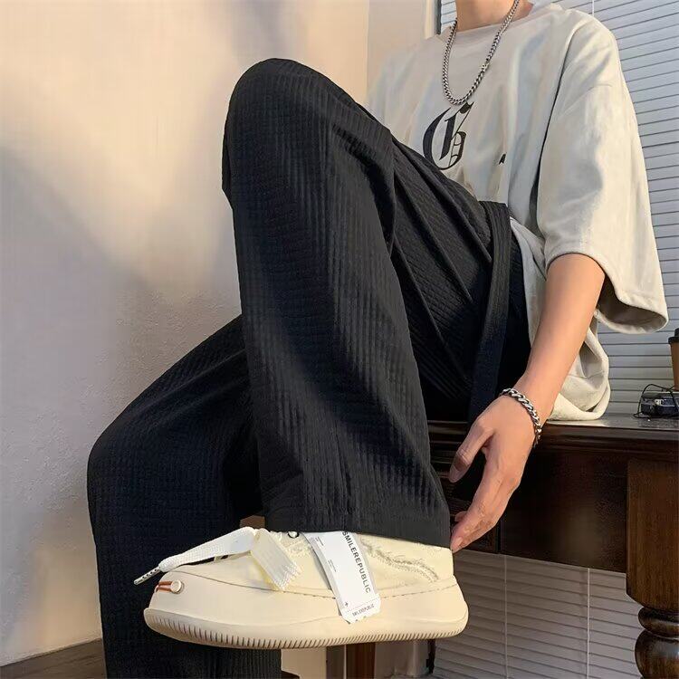 潮牌春秋季薄款华夫格系带纯色长裤男女直筒宽松休闲裤K89/P44，男装休闲裤，星座506