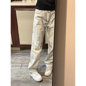 【有货】N1013LL-特P50 水墨做旧牛仔裤男白色微喇脏脏裤子图片