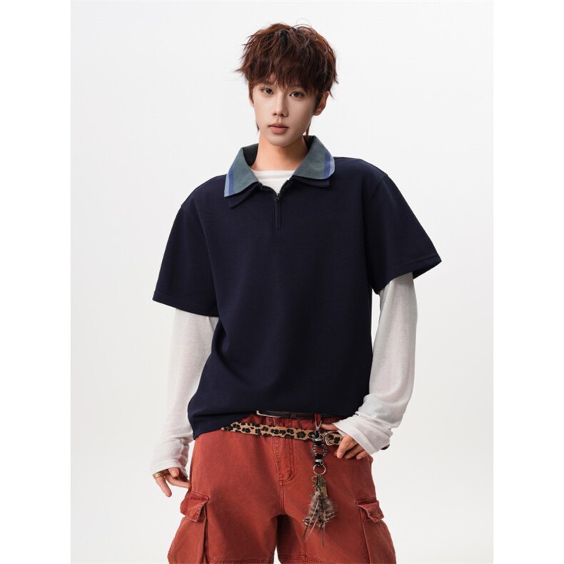 M-8XL美式复古撞色拼接polo衫半拉链短袖t恤大码宽松DX1227/特P40，男装T恤，电商B238