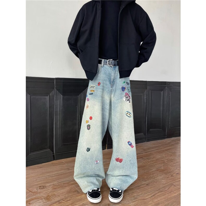 复古刺绣阔腿牛仔裤2025秋季新款大码女装梨宽松拖地裤RK3170-P55，男装牛仔裤，星座412-3