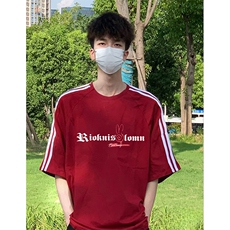 抖音得物高品质二开240克宽松纯棉美式潮牌三条杠织带短袖T恤，男装T恤，电商A486-1