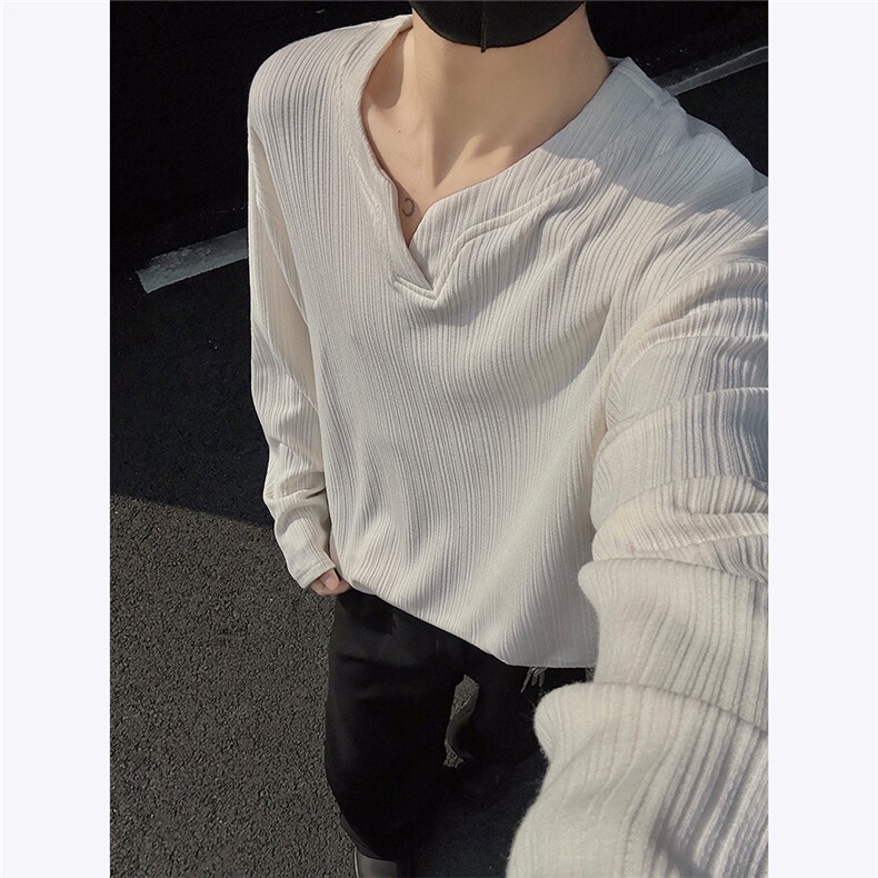 亨利领坑条肌理感春季长袖T恤男宽松潮流V领外套打底衫P30，男装T恤，电商C306-1