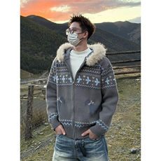 重磅北极绒座山雕毛衣外套冬美式复古休闲慵懒风大毛毛领针织开衫，男装针织衫/毛衣，电商A486