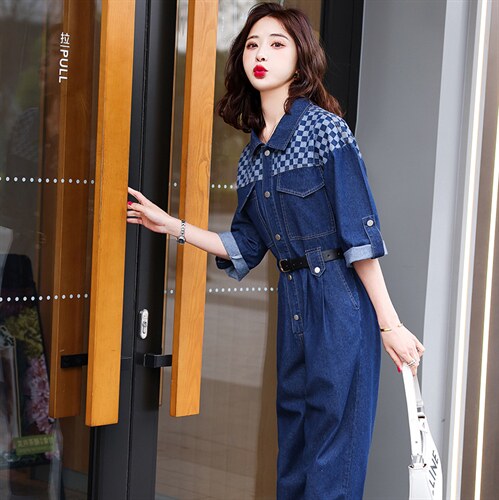 牛仔工装连体裤女2025春秋新款拼接格子高级感时尚流行连衣裤，女装连体裤，E百度